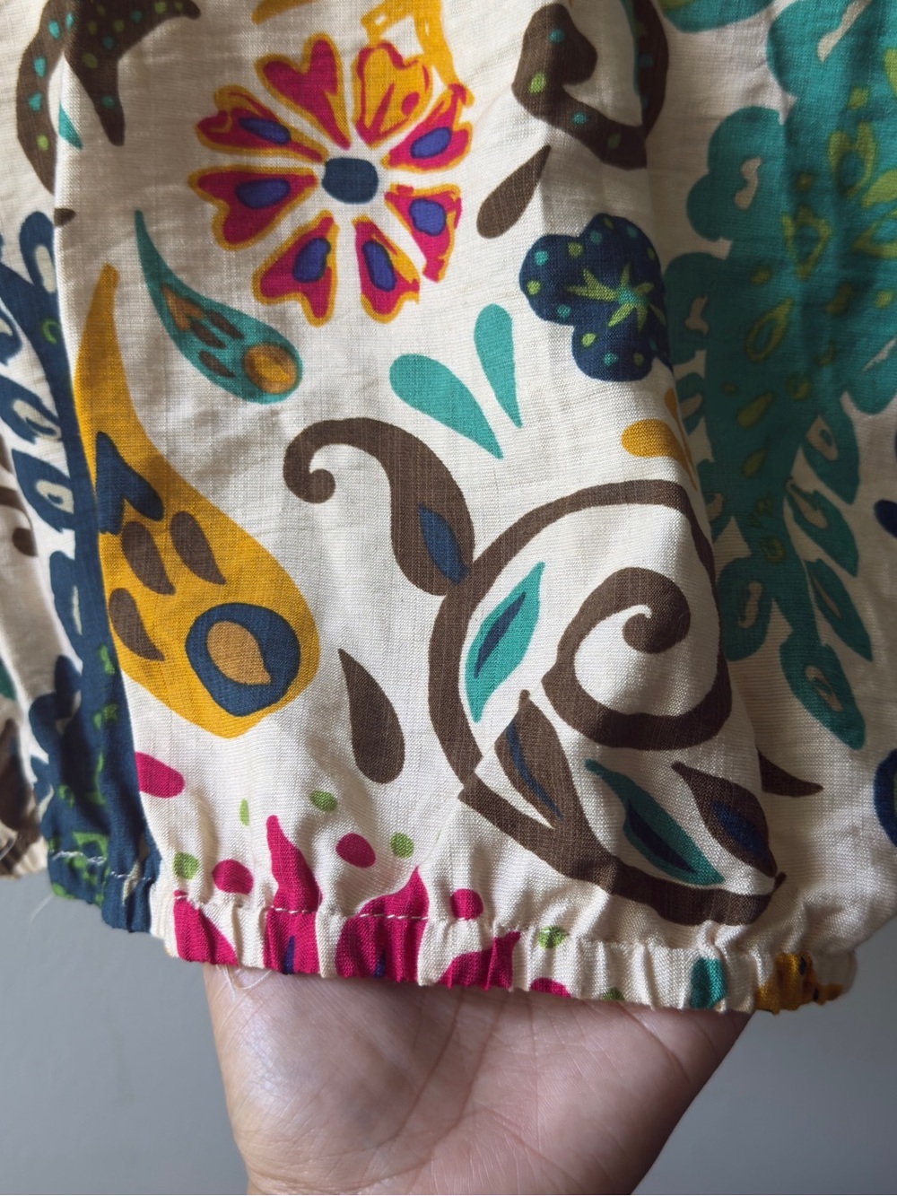 CeCe Floral Scoop-Neck Blouse in Cream, Blue & Green - Picture 5 of 7